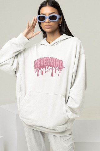 Nevermind Unisex Oversize Hoodie Sweatshirt Pembe Baskılı Kapüşonlu Beyaz