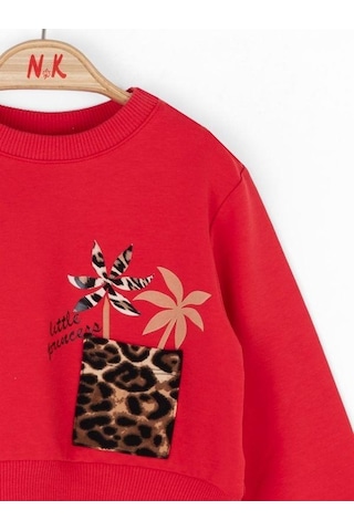 Nk Kids Kız Bebek Pamuklu Leopar Cep Detaylı Sweatshirt-14789 Kırmızı
