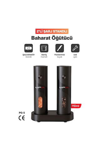 Exenar - Siyah - Mpıa Pg5 Şarjlı Baharat Öğütücü 2 Li 110 Ml Led Paslanmaz Çelik Bıçak Tuz Karabiber Öğütücü