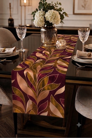 Premium Masa Runner Dijital Baskılı Yaprak Desenli Dekoratif Salon Mutfak Yemek Masası Runner Örtüsü 45x140 Cm Turuncu