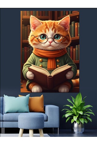 Kitap Okuyan Sevimli Kedi Dekoratif Kanvas - Mdf Ahşap Tablo