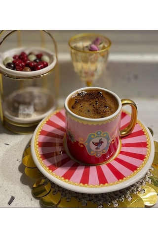 6'lı Pink Bird Soho Kahve Fincanı-3984 Çok Renkli