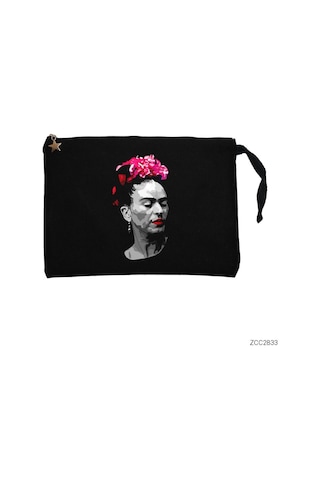 Zepplin Giyim Frida Kahlo Portre - 6 Siyah Clutch Astarlı Cüzdan / El Çantası Siyah