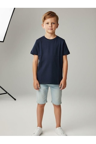 Zekids Çocuk Pamuklu Basic Yuvarlak Yaka T-shirt-16714 Lacivert