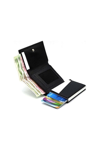 Erkek Siyah Suni Deri Mekanizmalı Kartlık Cüzdan Portföy Siyah