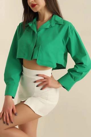 Defymoda Poplin Crop Gömlek Yeşil S3060 Yeşil