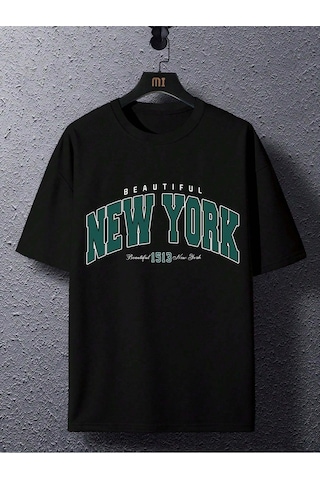 New York 1513 T-shirt - Siyah Baskılı Oversize Bisiklet Yaka Kısa Kol Tişört Siyah