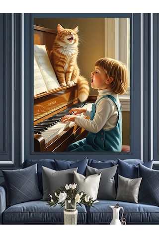 Ahşap Tablo Kedi Ve Piyano Çalan Çocuk