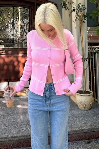 Madmext Pembe Çizgili Kadın Triko Hırka Mg2481 Pembe
