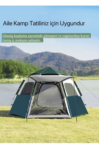Tam Otomatik Su Ve Rüzgar Geçirmez Gölgelikli Altıgen Çadır Aile Çadırı 280 240 155 Cm Yeşil