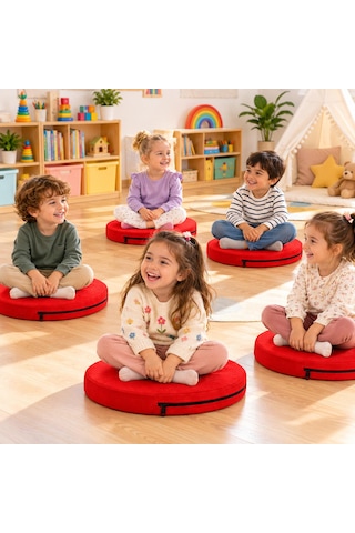 Kreş Minderi Anaokulu Aktivite Minderi, Bahçe, Dekor, Sandalye Minderi 40x40x 5 Cm Yuvarlak Minder 1 Adet Kırmızı