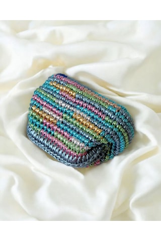 Metalik Renkli El Örgüsü Kadın Clutch Çanta Saten Astarlı Premium Handmade Gece Ve Omuz Çantası Çok  Renkli