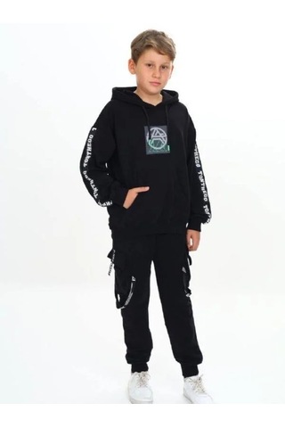 Çocuk Kapüşonlu Stay Strong Yazılıi Sweatshirt-14816 Siyah