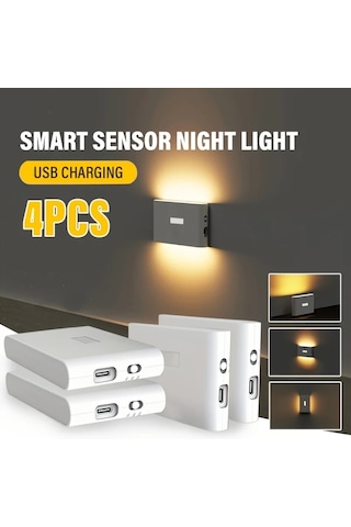 Honeybeeshop 4 Adet Led Sensörlü Şarj Edilebilir Usb Duvar Aplike Hareket Sensörlü Ayarlanabilir Işık Yatak Odası Koridor Dolap Mutfak