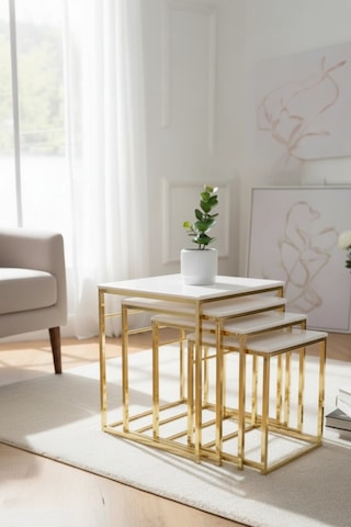 Usta Mekan Eylül 4 Lü Kare Gold - Beyaz Zigon Sehpa Altın