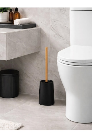 Mat Siyah Ahşap Saplı Tuvalet Fırçası Ve Standı Modern, Şık Wc Fırçası Vıchy-7047
