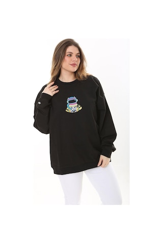 Kadın Büyük Beden Siyah Pamuk Kumaş Nakışlı Sweatshirt 65n37617-siyah Siyah