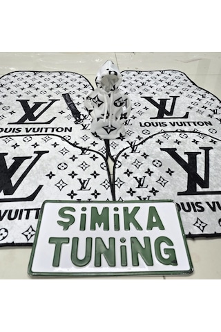 Lv Xl Beyaz - Siyah Dekor Oto Halı Paspas 4 Parça Ön Arka Takım Ve Vites Poları Kumaş Anahtarlık Hed