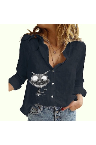 Kadın Moda Düğmeli Uzun Kollu Gömlek Bayan Günlük İnce Pamuk Keten Üst Kedi Baskılı Uzun Kollu Bluz Siyah