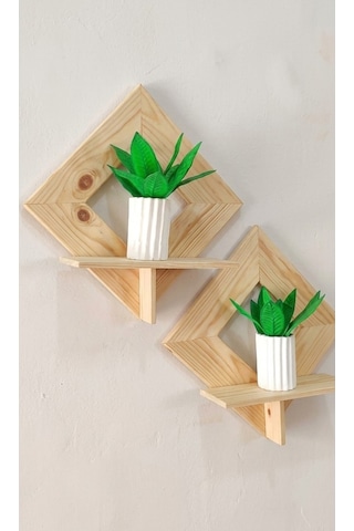 Masif Ahşap Baklava Dilim Duvar Rafı - 3 Parça Dekoratif Raf Seti 25x25 Cm Bej