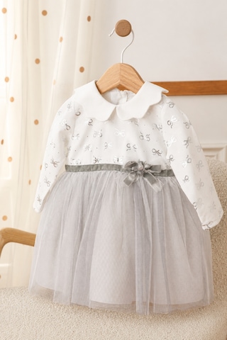 Babyhola Tül Etekli Kız Çocuk Elbise Varak Detaylı 15404 Gri