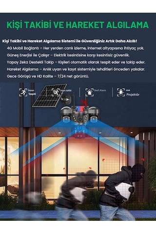 Rxg 3 Kameralı Solar Güvenlik Kamerası 4g Sim Kartlı Ptz Hareketli Gece Görüşlü Güneş Panelli Kamera
