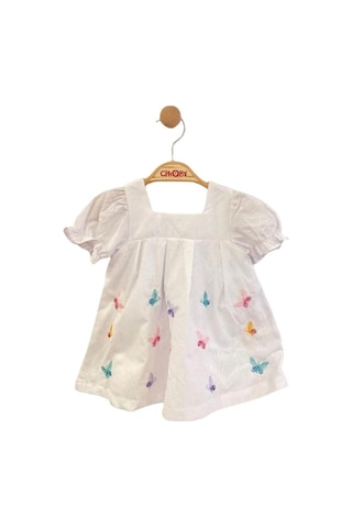 Çikoby Kız Bebek Pamuklu Kelebek Desenli Elbise-13885 Beyaz