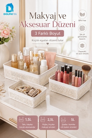 Jute Çok Amaçlı Sepet 3 Lü Set 1,5 L 2,5 L 5 L Mutfak Banyo Dolap İçi Saklama Organizeri beyaz