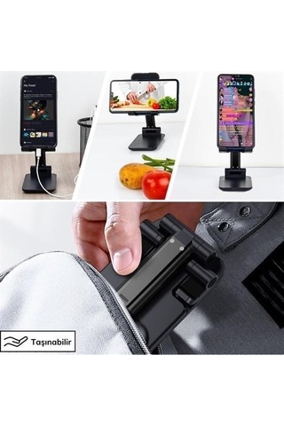 9068040791099 - Buffer Siyah Aynalı Cep Telefonu Sabitleyici Stand Katlanabilir Ayarlanabilir Telefon Standı