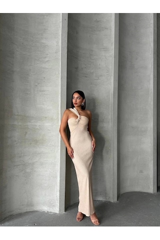 Tek Omuz Pliseli Elbise Bej