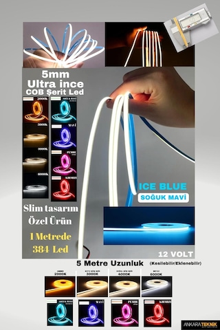 Ultra Ince 5mm. Kalınlık Cob Şerit Led Ice Blue Neon Gibi Yanar.