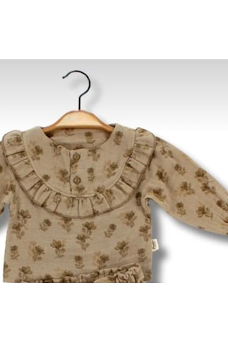Babyhola Kız Bebek Bayramlık Takım Fırfır Yakalı Çiçek Desenli Müslin İkili Set 2010 Kahverengi