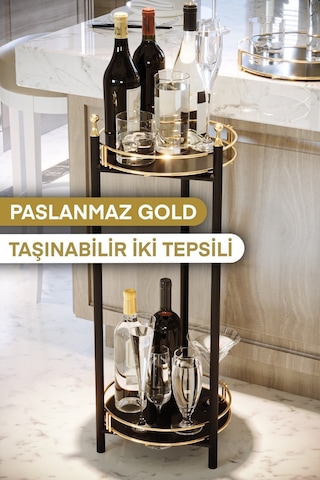 Bino Servis Sunum İkramlık Kek Pasta Standı Sunumluk Lüks Metal Gold 2 Katlı Tepsi Servis Arabası