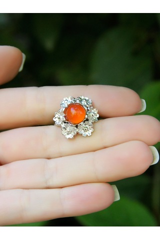 Esha Store Doğal Taş Akik Doğal Taşlı Çiçek Model Telkari Kadın Ayarlanabilir Gümüş Kaplama Yüzük Euy61ar Kırmızı