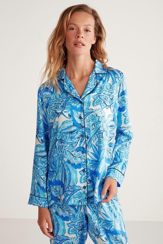 Penye Mood Kadın Uzun Kol Önden Düğmeli Mavi Pijama Takım C4t3n6o9 001