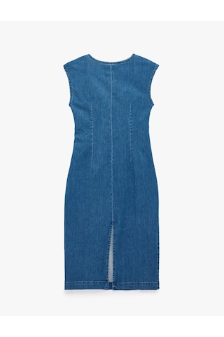 Koton Metal Aksesuarlı Kolsuz Pamuklu Drapeli Denim Midi Elbise Orta İndigo 6sal80031md