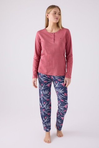 Pierre Cardin Paris 8903 Kadın Çiçek Desen Yaka Düğmeli Uzun Kol Pijama Takım Karanfil Çok Renkli