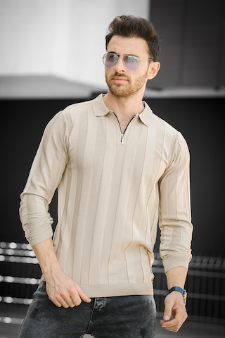 Oksit Vilnius Slim Fit Çizgili Gömlek Yaka Yarım Fermuarlı Erkek Triko 001