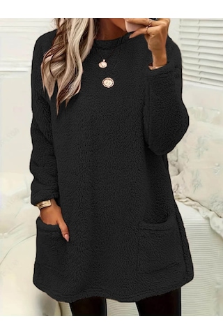 Leyla Sanat Sanata Yeni Bir Bakış Açısı Kadın Uzun Kollu Yuvarlak Yakalı Cepli Peluş Bluz Siyah