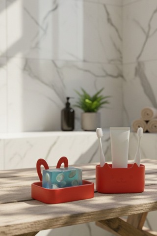 Oxyteez Dekoratif Banyo Sabunluk Seti Kırmızı Renk Reçine Tasarım Ev Ve Ofis Dekorasyonu