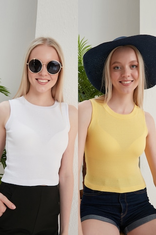 Catspy Kadın Halter Yaka 2'li Crop Bluz Atlet Beyaz - Sarı