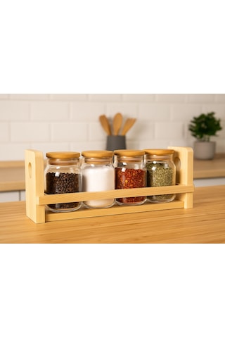 Bambu Kapaklı 4'lü Standlı Baharatlık