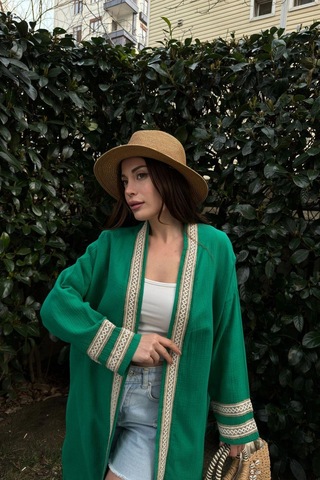 Kadın Yeşil Müslin Kumaş, Hasır Şerit Detaylı Salaş Kimono Ceket Yeşil