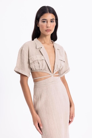 Fashion Cocktail Ham Keten Arka Yırtmaçlı Kalem Etek Derin V Yaka Kısa Kol Krop Bohem Yazlık Takım Krem
