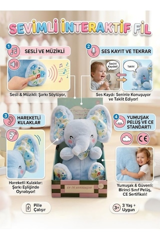 Sevimli Fil Sesli Müzikli Hareketli Kulaklı Ses Kaydeden Ve Taklit Eden Dans Eden Oyuncak Peluş Mavi