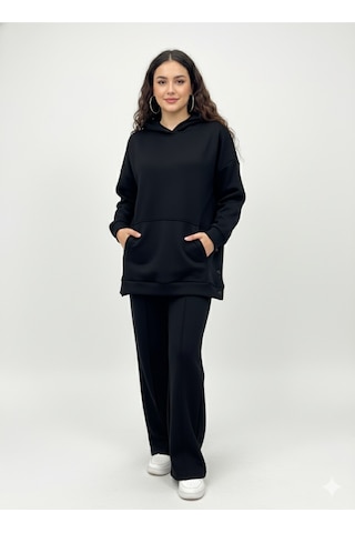 Soft&Basic Kapüşonlu Yanları Çıt Çıt Detaylı Sweatshirt Ve Nervürlü Pantolon Alt Üst Takım Siyah