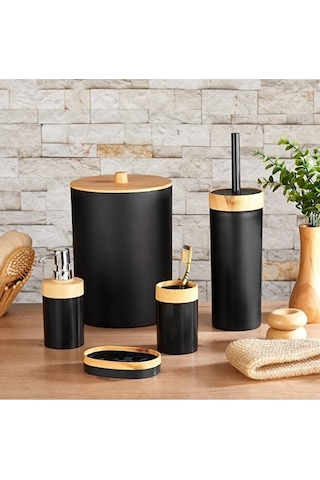 Bersachef Limpia Bambu Desenli 5'li Banyo Seti Çöp Kovası Sıvı Sabunluk Diş Fırçalık Kutusu Banyo Seti Siyah