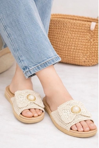 Papucumun Dünyası Hasır Örgü Kadın Terlik Ev Terliği Ve Dış Mekan Terliği Bej