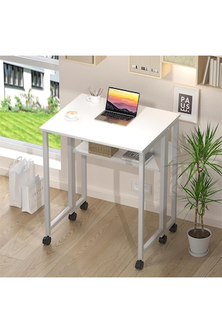 Sidney Kitaplık Raflı Katlanır Masa 70 Cm Tekerli Bilgisayar Masası Laptop Masası Beyaz Beyaz - Beyaz