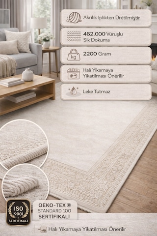 Modern Klasik Krem Halı 462.000 Vuruş Akrilik İplik Leke Tutmaz Şık Salon Halısı
